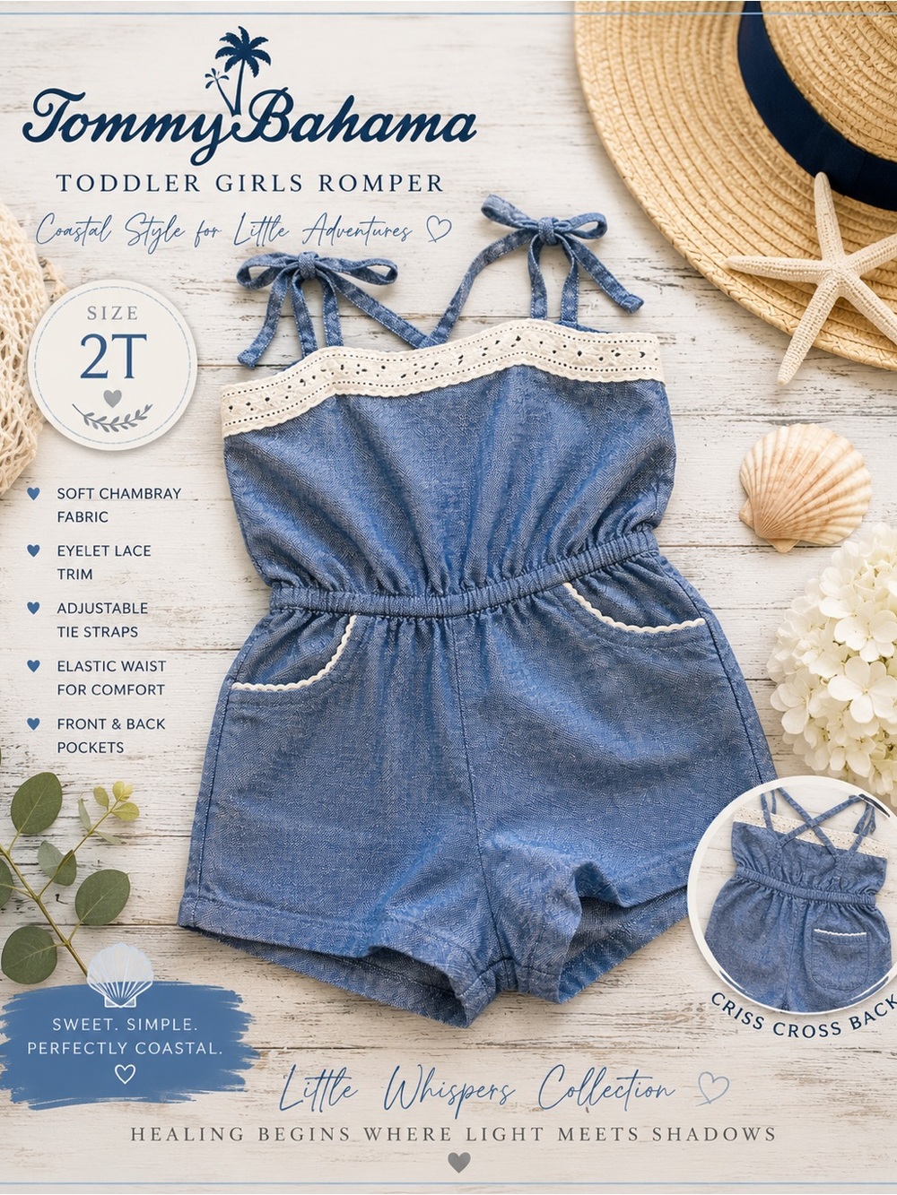Tommy Bahama Baby Girls 2T Chambray Romper Eyelet Lace Tie Straps
